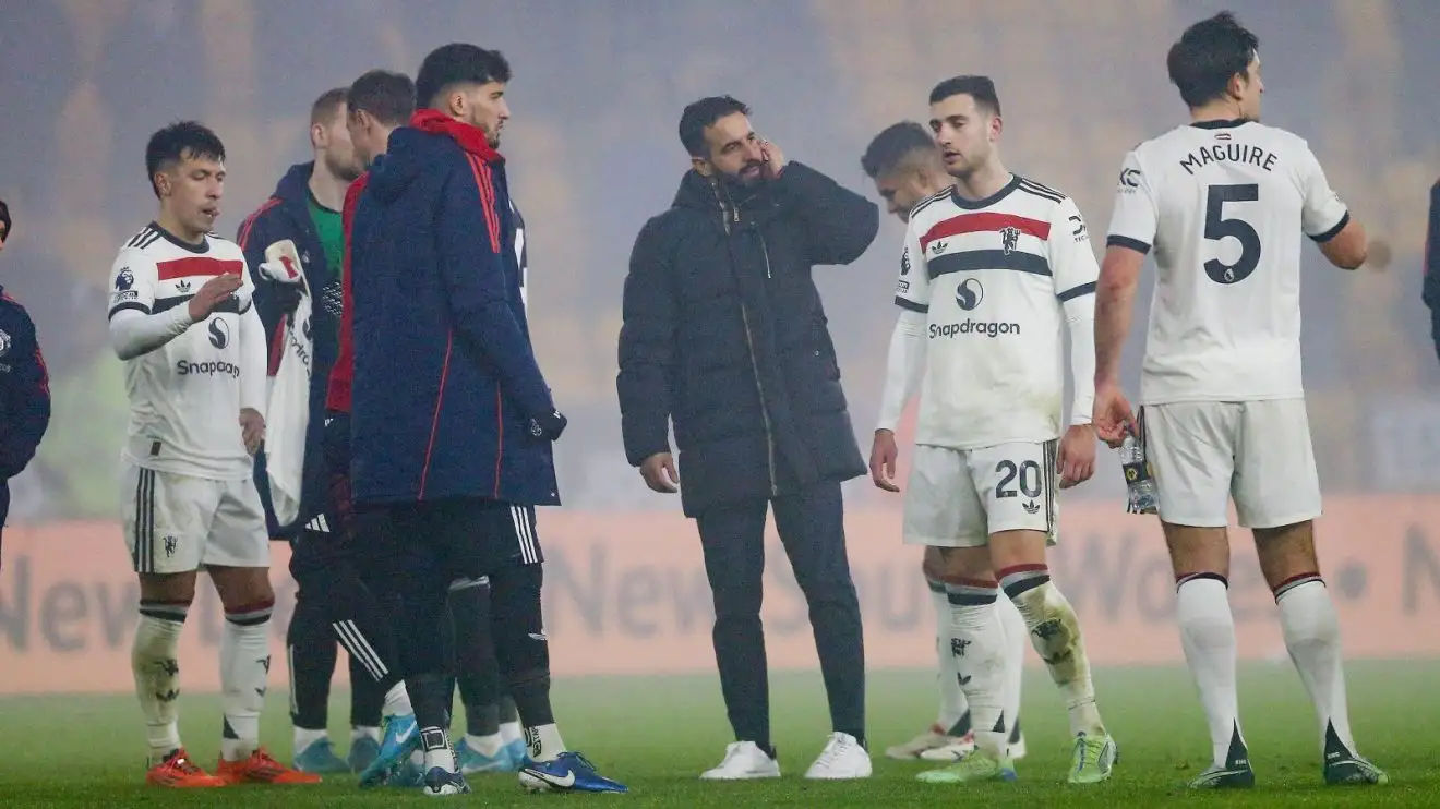 Manchester United player and coach Ruben Amorim react to defeat at Wolves