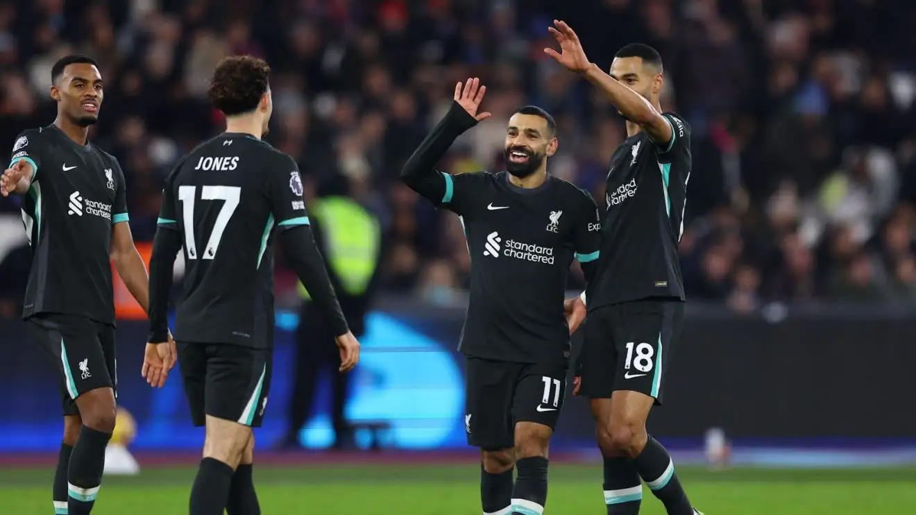 Mo Salah celebrates after scoring for Liverpool in a 5-0 win at West Ham