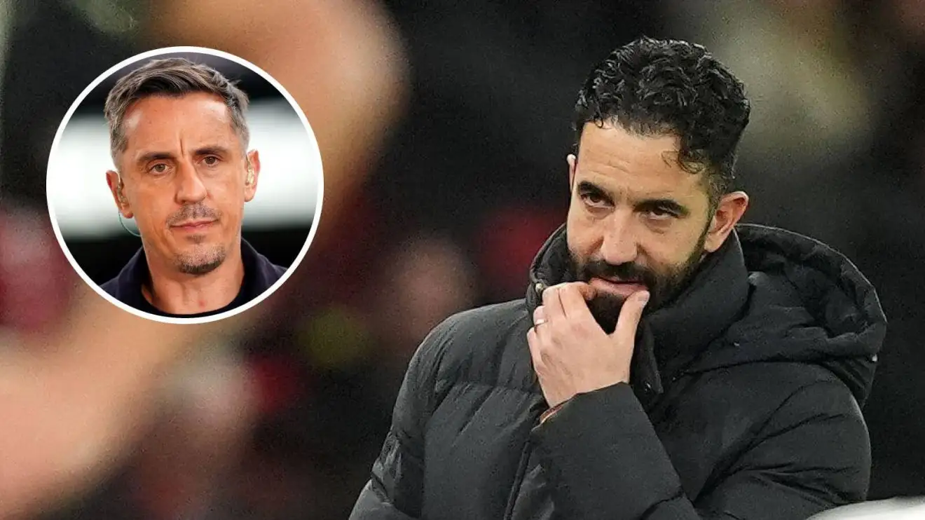Man Utd 'relief' after Hojlund hooked vs Fulham revealed by Neville 1 Guy Utd head expert Ruben Amorim with Gary Neville in a little circle