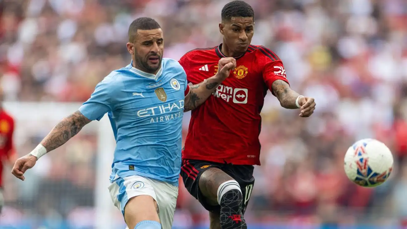 Man Utd players 'surprised' by Rashford transfer status as England star 'rejects huge Saudi contract' 1 Marcus Rashford and also Kyle Walker during a match