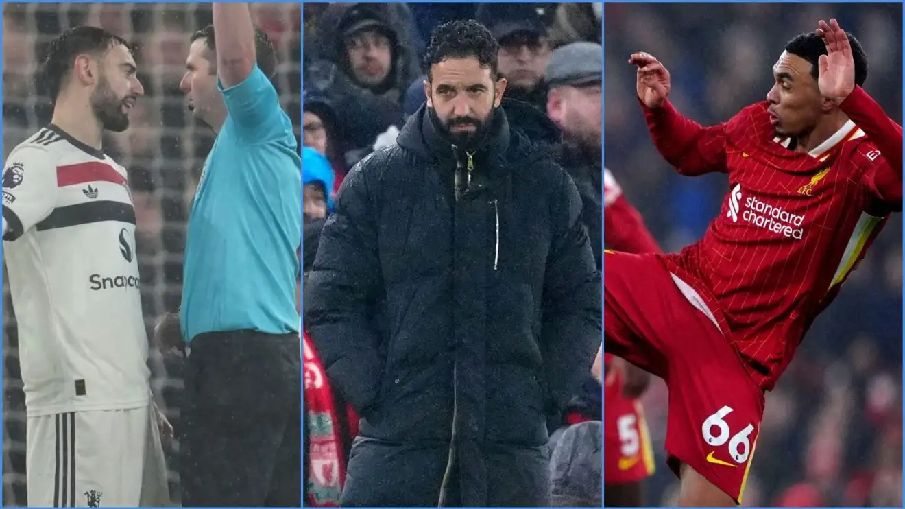 Bruno Fernandes and Michael Oliver with Manchester United's Ruben Amorim and Trent Alexander-Arnold