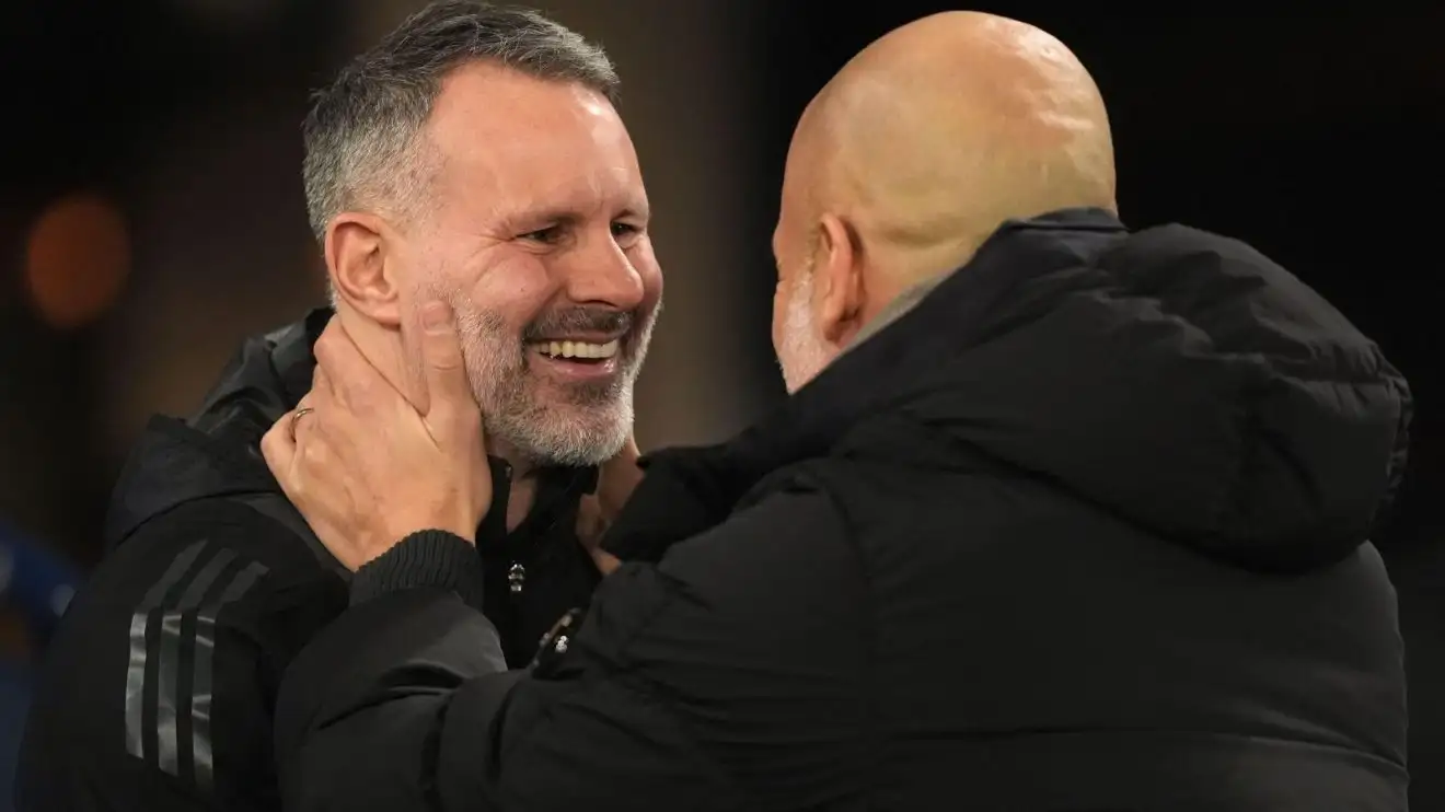 Man City v Salford: Ryan Giggs is embraced by Pep Guardiola
