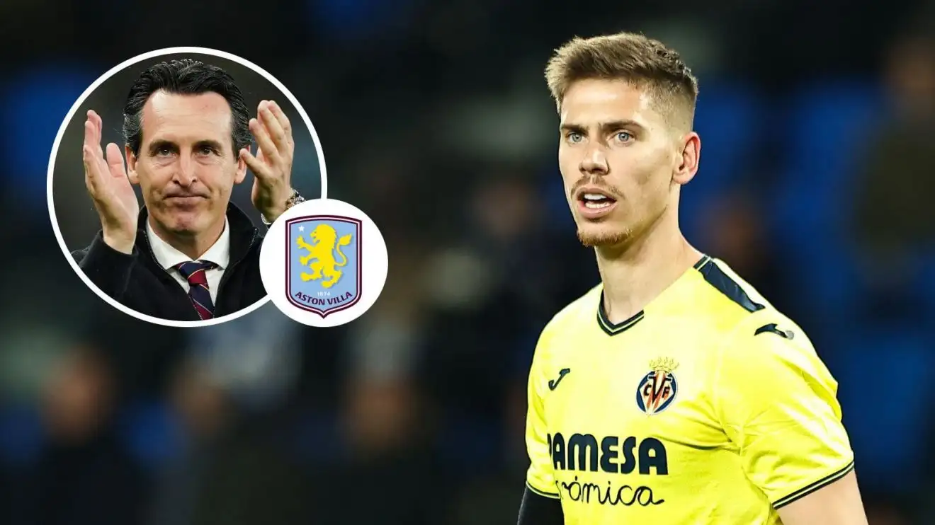 Aston Villa 'offer' being 'evaluated' as Emery 'betrays' ex-club with 'key player' snare 1 Juan Foyth (Villarreal) through Unai Emery in a circle and also the Aston Villa badge in a smaller sized circle