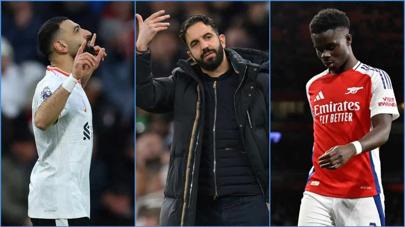 Liverpool forward Mo Salah, Manchester United coach Ruben Amorim and Arsenal player Bukayo Saka