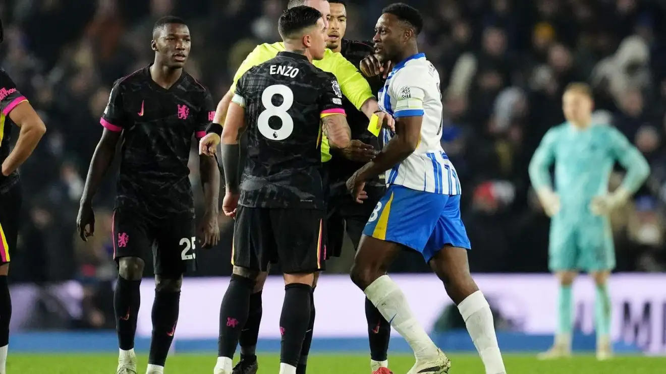 Chelsea midfielder Enzo Fernandez argues with Brighton striker Danny Welbeck