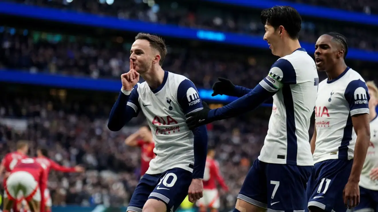 Tottenham player James Maddison celebrates scoring against Manchester United