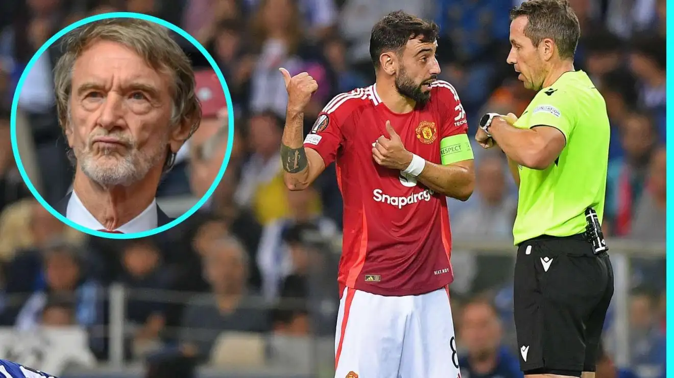 Ratcliffe making Bruno Fernandes 'deeply saddened' by Man Utd staff cull 1 Male Utd captain Bruno Fernandes and also Sir Jim Ratcliffe in a circle
