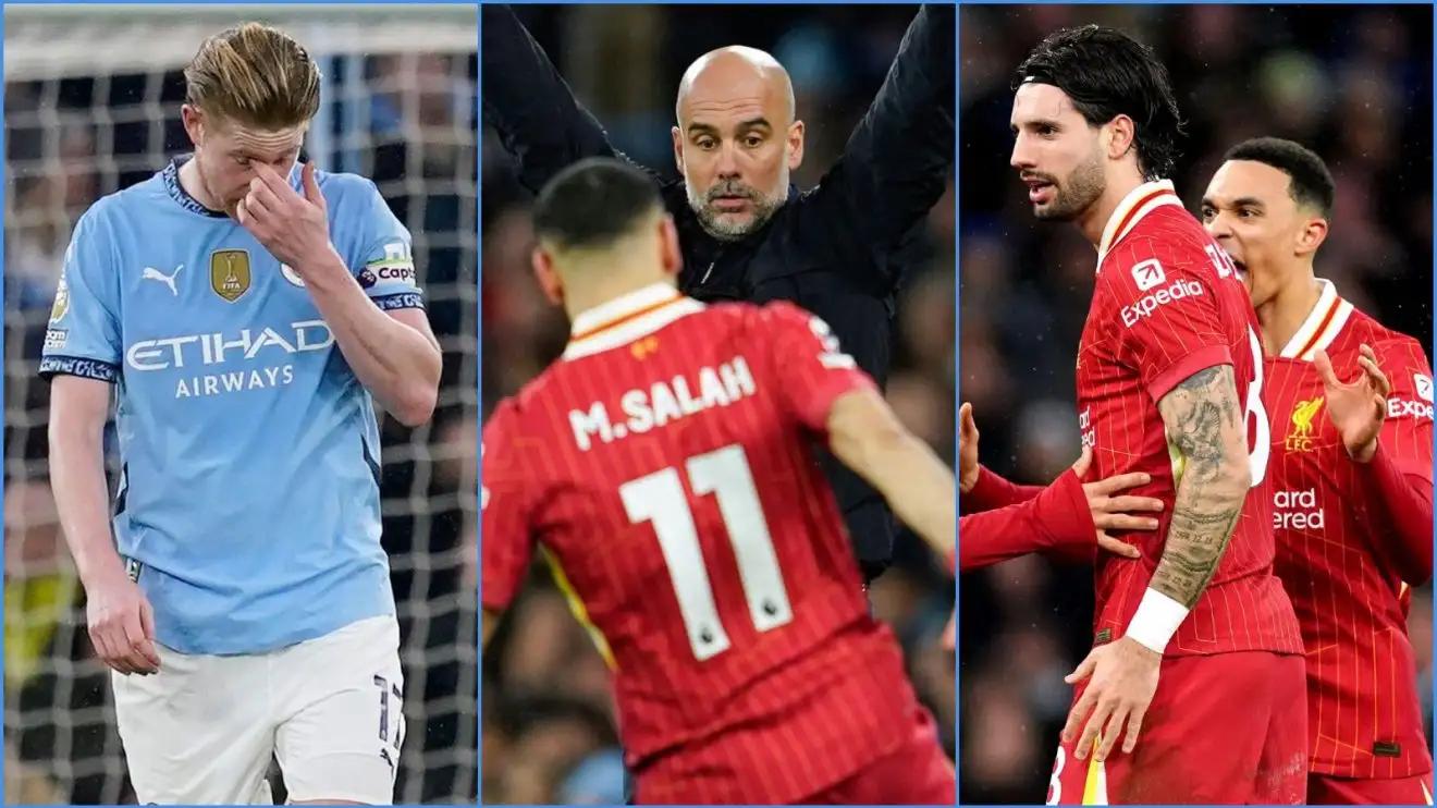 Kevin De Bruyne, Pep Guardiola, Dominik Szoboszlai and Trent Alexander-Arnold of Liverpool and Manchester City