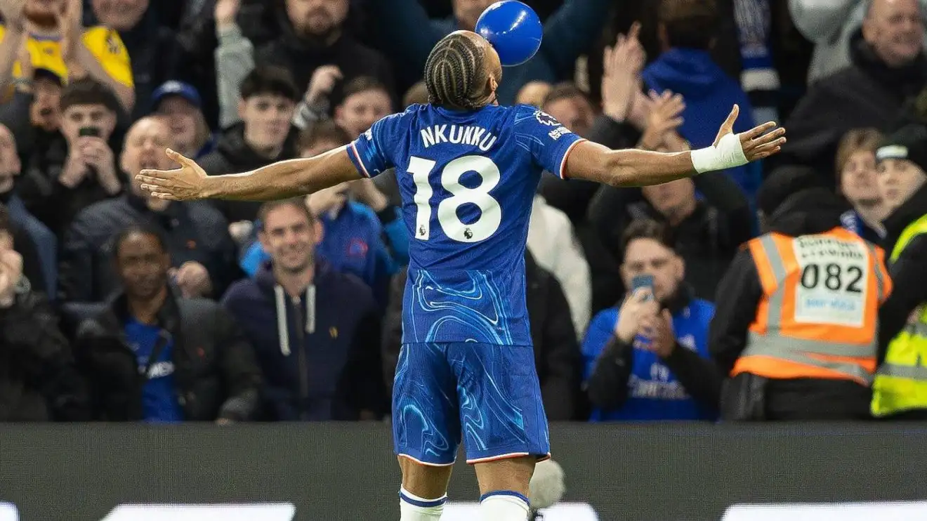 Christopher Nkunku celebrates after scoring for Chelsea in a 4-0 win over Southampton