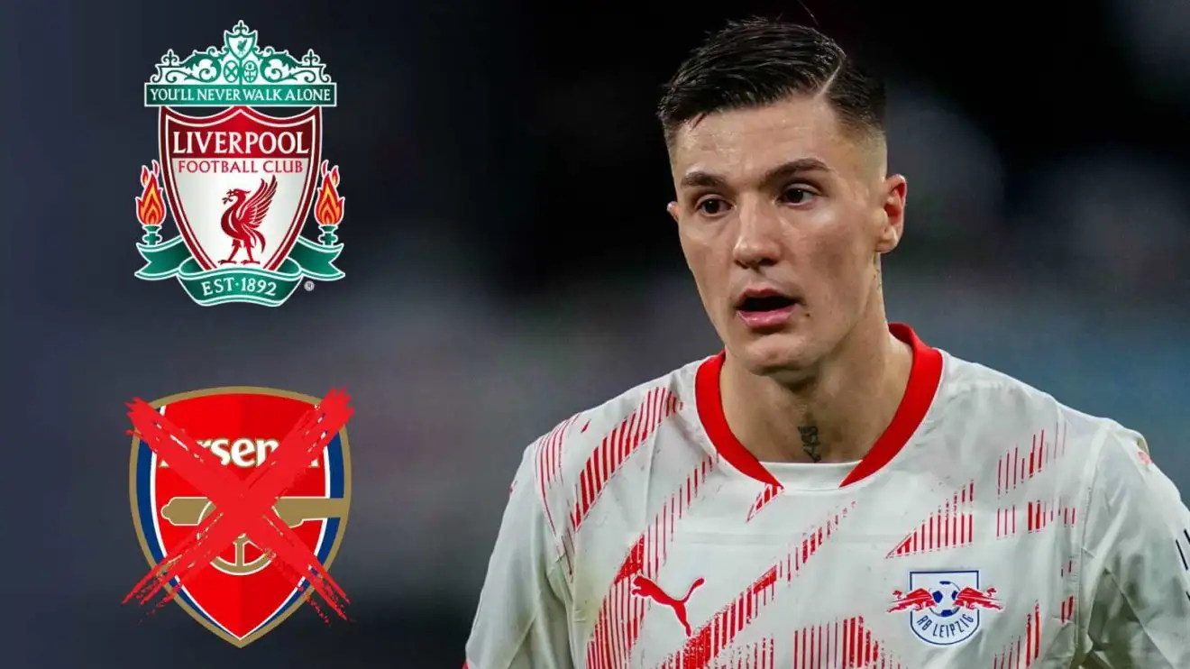 Liverpool 'make contact' with Arsenal target after deciding to 'sell' Darwin Nunez 1 Benjamin Sesko wearing the Liverpool badge and an Arsenal badge crossed out