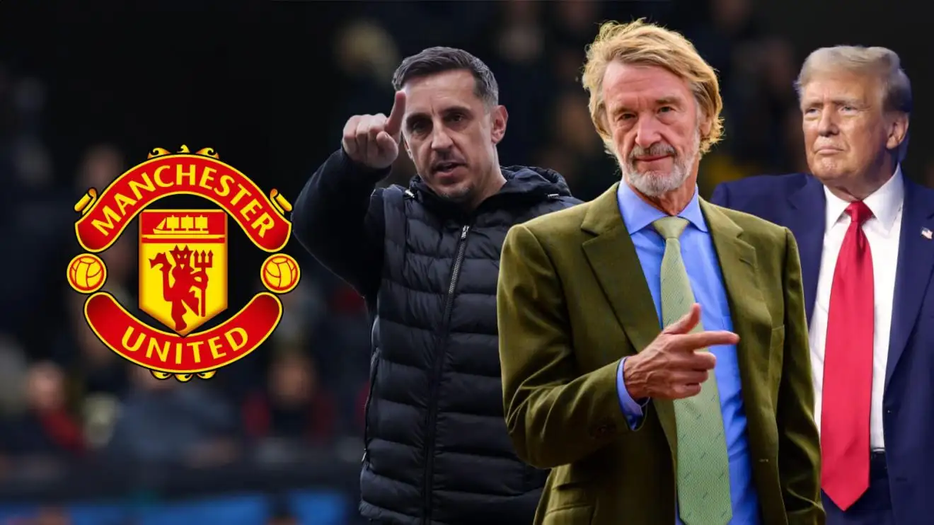 Neville 'failed' in car crash Ratcliffe interview 1 Gary Neville, Sir Jim Ratcliffe and Donald Trump with the Manchester United badge
