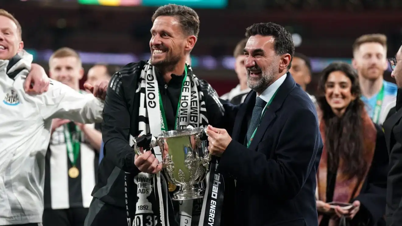 Ridiculous claim made over Newcastle transformation 1 Newcastle underling Jason Tindall and chairman Yasir Al-Rumayyan with the Carabao Mug trophy