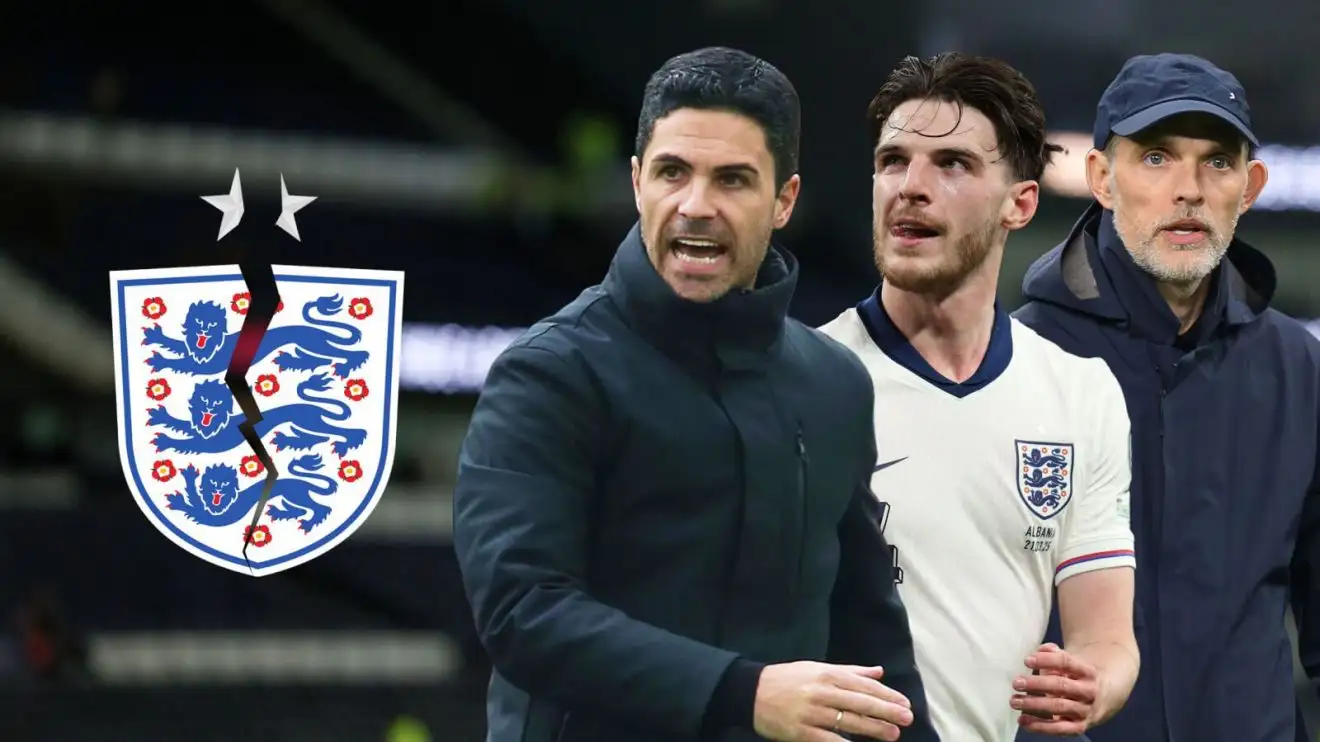 Tuchel clashes with Premier League managers already? 1 Mikel Arteta, Declan Rice and Thomas Tuchel with a fractured England badge