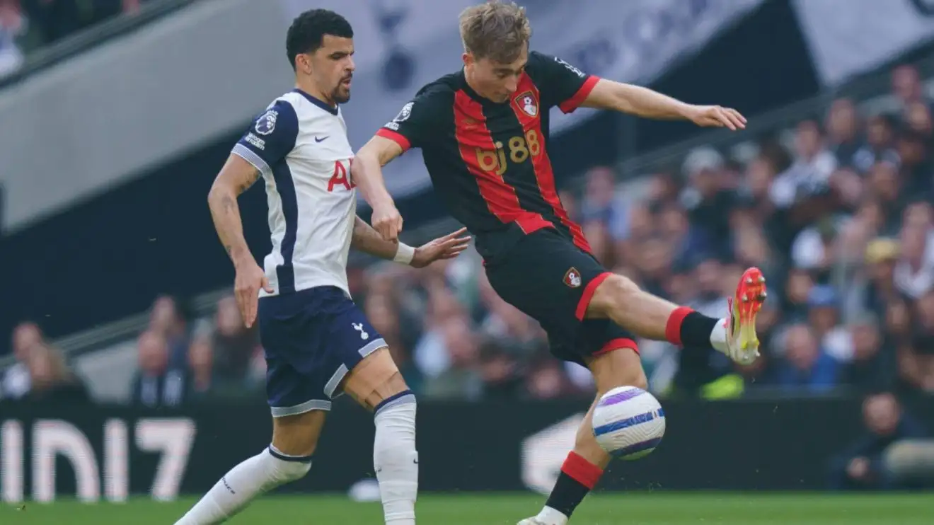 Dominic Solanke and Dean Huijsen during a Premier League match
