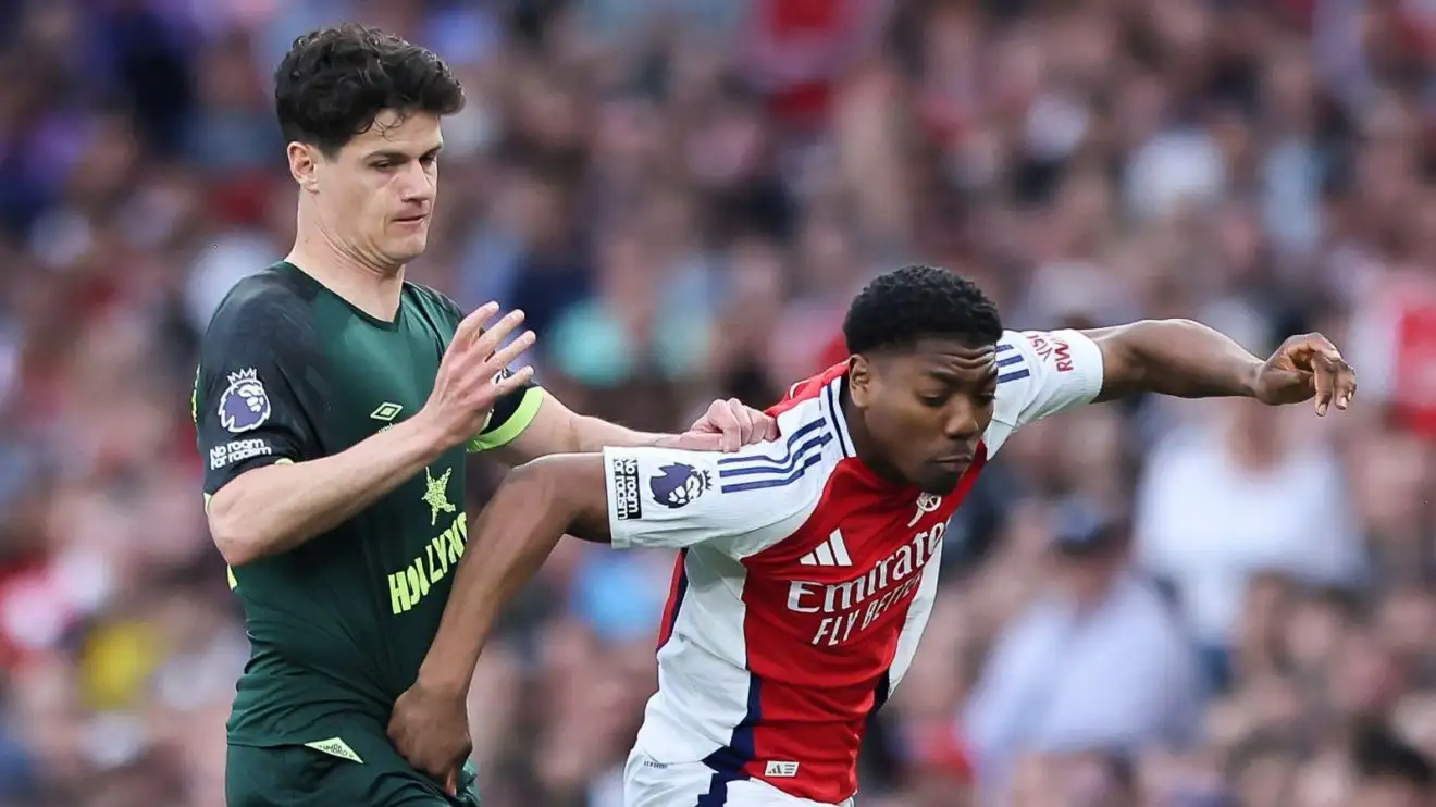 Romano gives shock third Arsenal summer signing 'here we go' 1 Brentford player Christian Norgaard hassles Arsenal defender Myles Lewis-Skelly