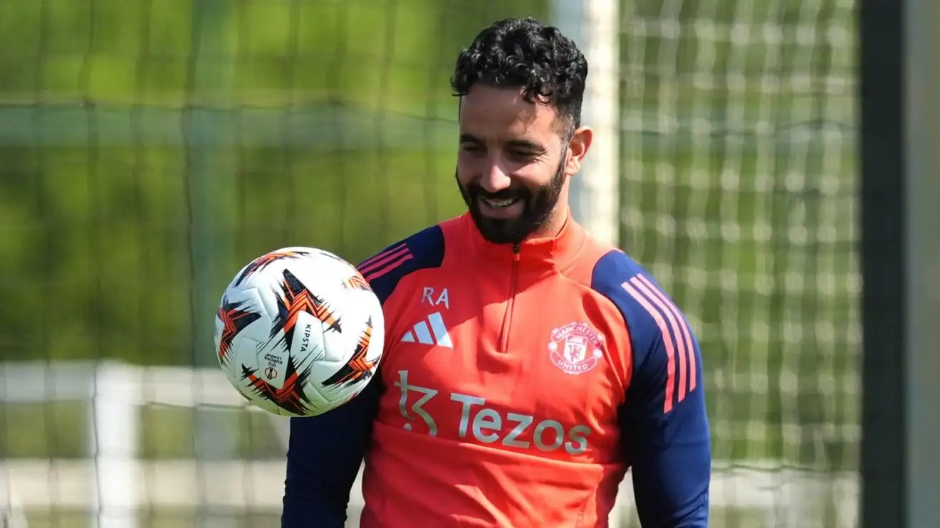 Man Utd and Spurs so stupid they've broken the supercomputers 1 Ruben Amorim smiling during Guy Utd's Europa League last mentoring