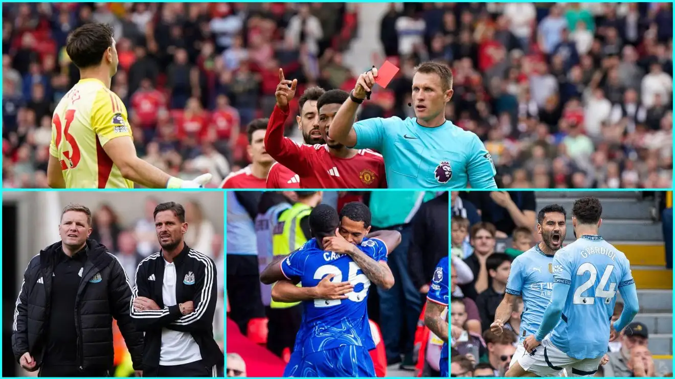 A photo montage of Emiliano Martinez's red card for Aston Villa, Eddie Howe looking nervous, Levi Colwill celebrating his goal for Chelsea, and Ilkay Gundogan doing likewise for Manchester City