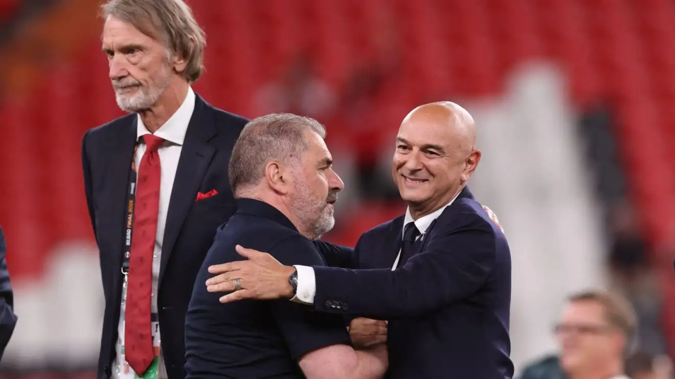 Man Utd owners Ineos 'sued' by Spurs 1 Ange Postecoglou shakes hands with Daniel Levy as Sir Jim Ratcliffe looks on