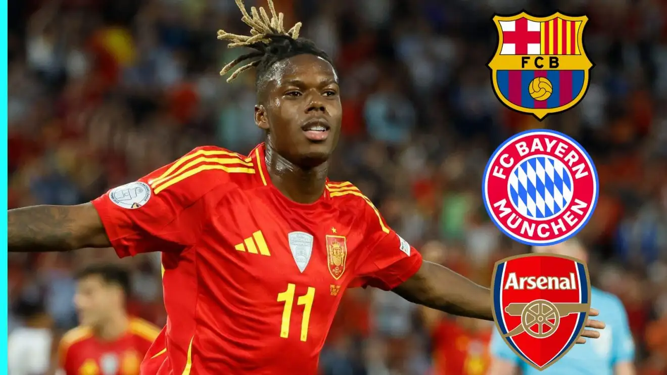 Arsenal, Chelsea blow as Barcelona 'activate' £49m signing amid Liverpool 'reluctance' 1 Nico Williams wearing the Barcelona, Bayern and also Medley badges