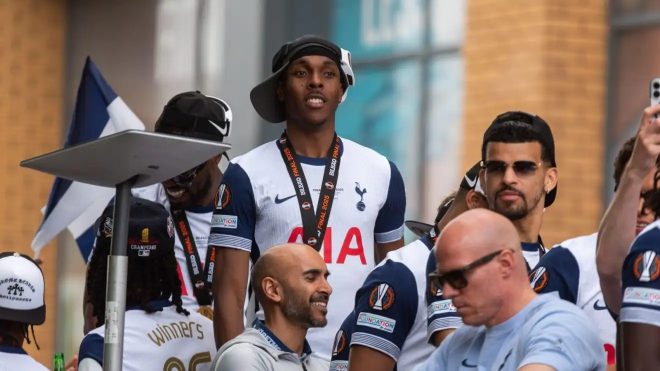 Spurs closing in on permanent signing of Bayern forward 1 Mathys Tel and his Tottenham Hotspur team-chums at their UEFA Europa League amenable top bus triumph parade