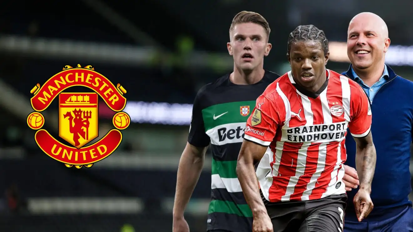 Arne Slot administers 'huge transfer blow' to Man Utd 1 Arne Adapter, Viktor Gyokeres and Tyrell Malacia with Individual Utd badge.