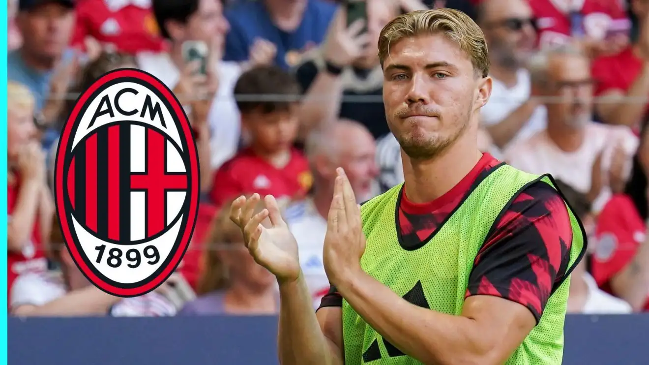 Man Utd hold Hojlund 'transfer meeting' to convince flop to leave 1 Man Utd striker Rasmus Hojlund wearing the AC Milan badge