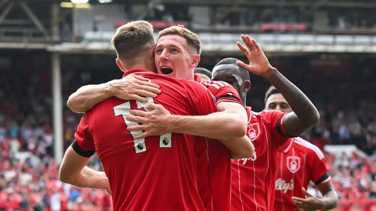 Chris Wood celebrates his second goal against Brentford with his Nottingham Forest teammates