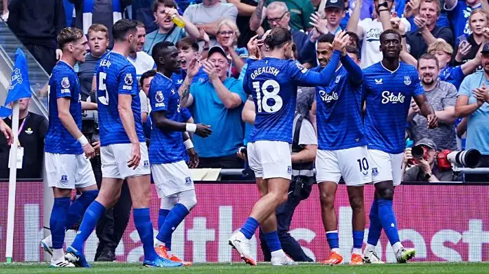 Everton celebrate Iliman Ndiaye's first-half goal against Brighton
