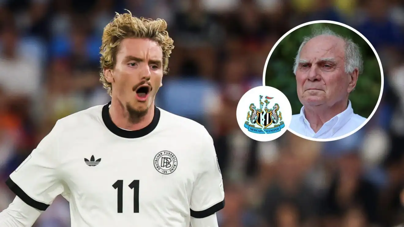 'Woltemade is not worth 90 million!' - Newcastle slammed for anti-football transfer business 1 Nick Woltemade with a disfigured Newcastle badge and Bayern president Uli Hoeneß in a circle