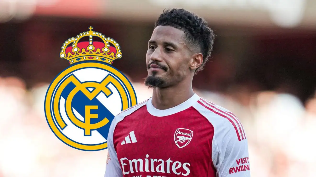 William Saliba to Real Madrid ON after Spanish giants 'watch' Arsenal v Man City at Emirates 1 Arsenal defender William Saliba through the Real Madrid badge