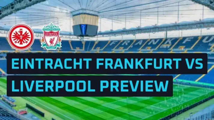 Eintracht Frankfurt and Liverpool club badges against a backdrop of the Waldstation