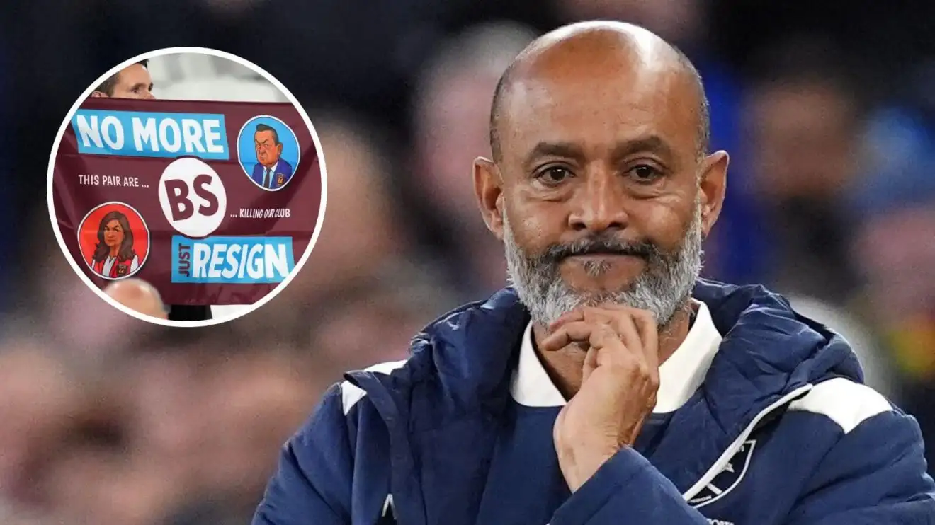 West Ham manager Nuno Espirito Santo with, inset, a protesting fan