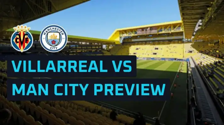 Villarreal and Man City club badges against stadium backdrop