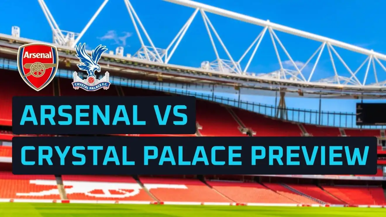 Arsenal and Crystal Palace team badges against a backdrop of the Emirates Stadium