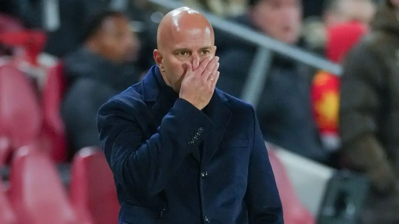 Arne Slot reacts as Liverpool go down to a 3-2 Premier League defeat at Brentford