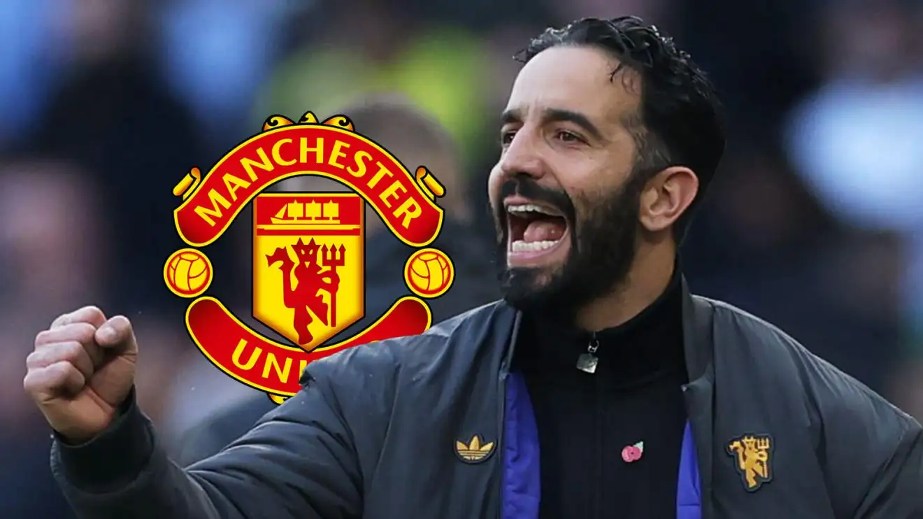 Ruben Amorim and the Manchester United badge.