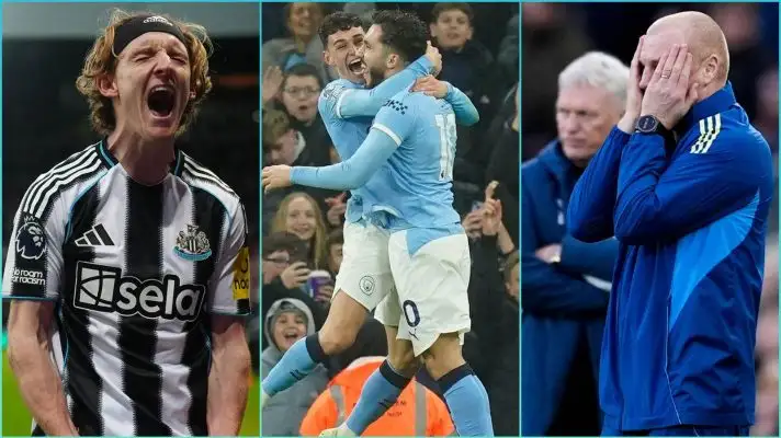 Anthony Gordon celebrates, Rayan Cherki and Phil Foden celebrate together, Sean Dyche looks dejected