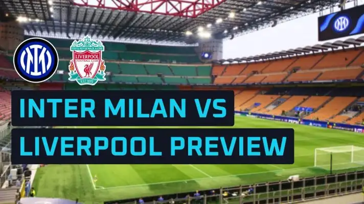 Inter Milan and Liverpool club badges against a backdrop of the San Siro Stadium