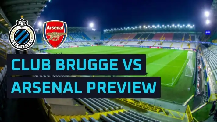 Club Brugge and Arsenal badges on stadium backdrop