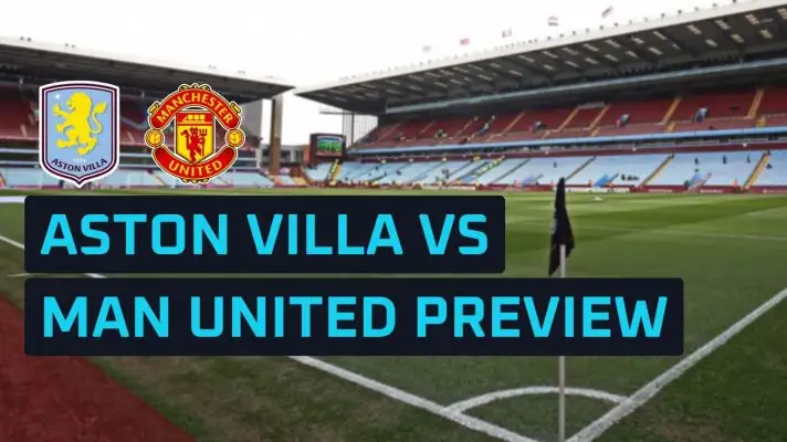 Aston Villa and Man Utd club badges against a backdrop of Villa Park