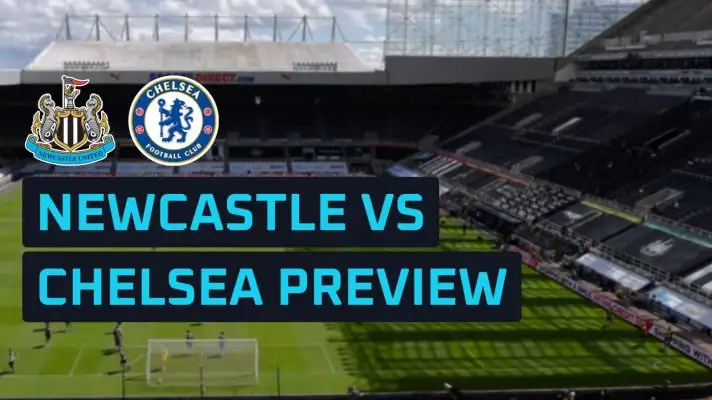 Newcastle and Chelsea club badges against a backdrop of St James' Park stadium