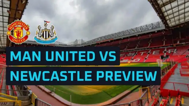 Man Utd and Newcastle club badges against a backdrop of Old Trafford