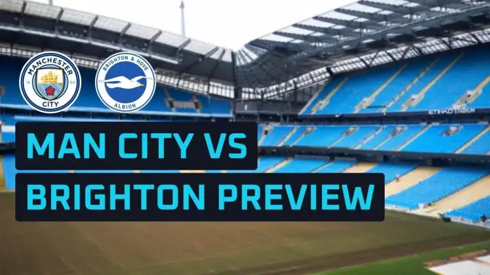 Manchester City and Brighton and Hove Albion club badges against a backdrop of the Etihad Stadium