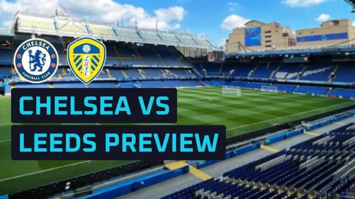 Chelsea and Leeds club badges against a backdrop of Stamford Bridge.
