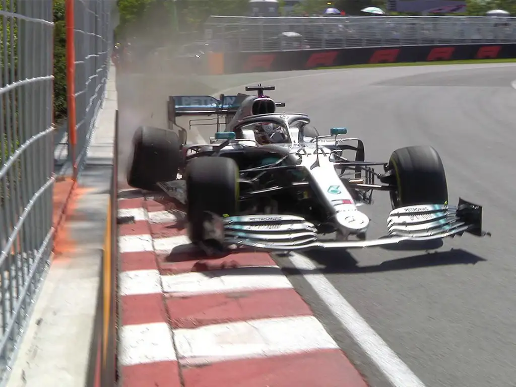 Lewis Hamilton strikes the wall in FP2 at the Canadian Grand Prix.