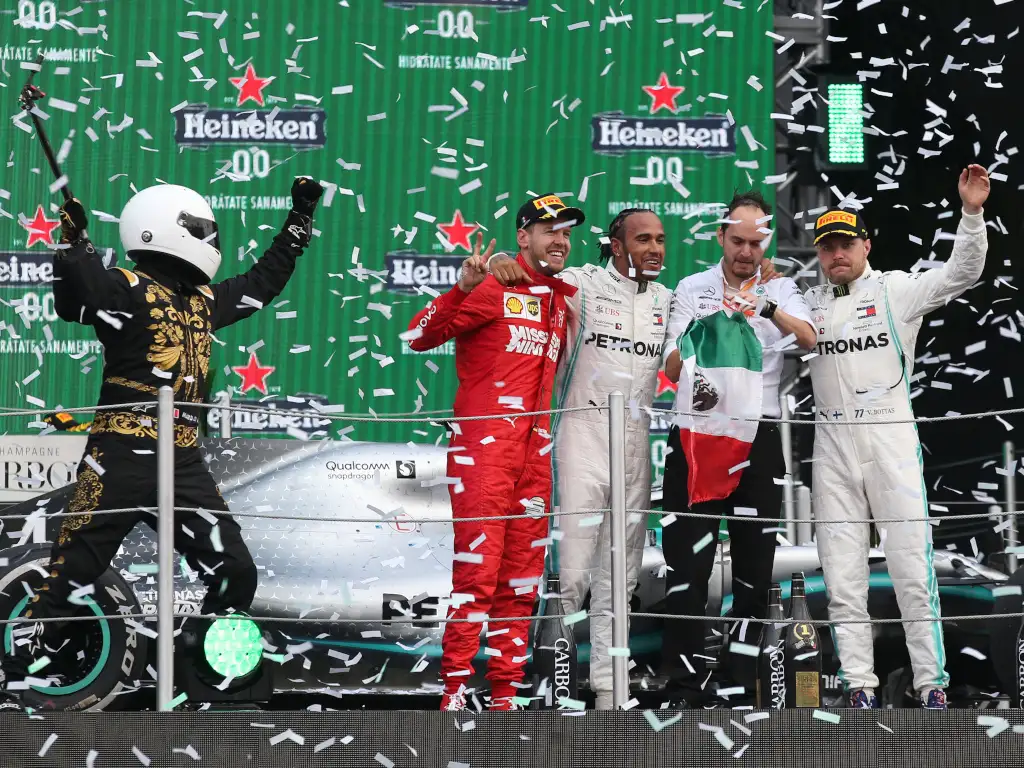 Mexican GP podium ceremony Sebastian Vettel Lewis Hamilton Valtteri Bottas