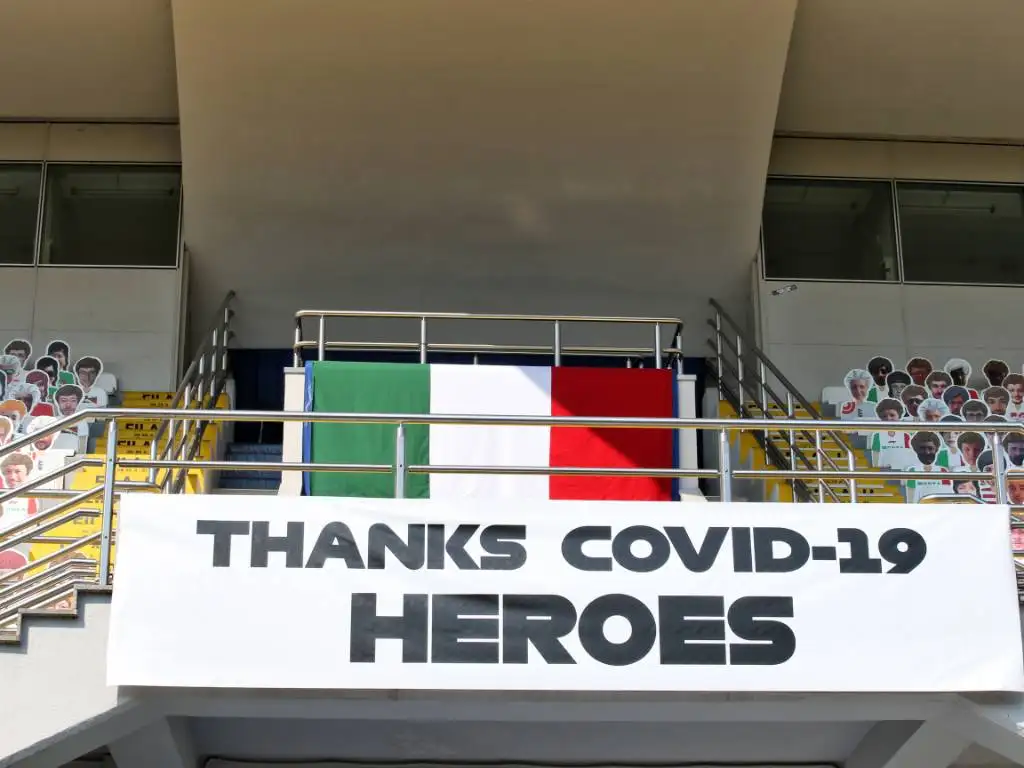 A banner at Italian Grand Prix qualifying thanks COVID-19 heroes