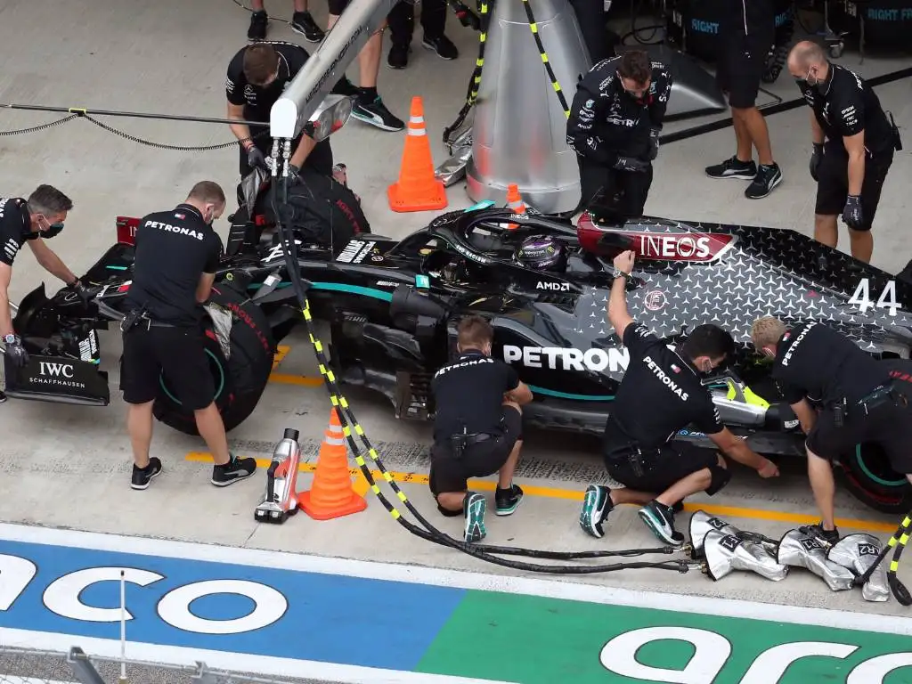 Lewis Hamilton in the Mercedes pit box