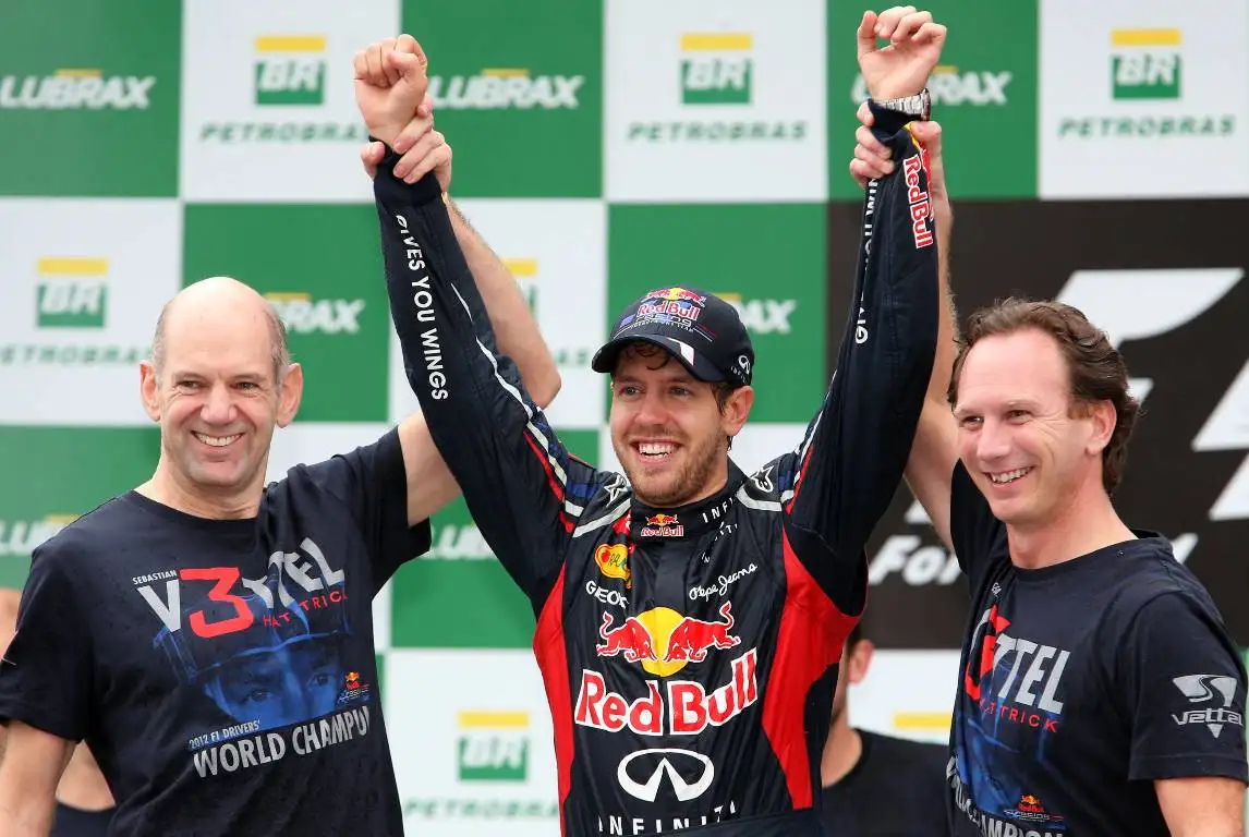 Red Bull's Adrian Newey, Sebastian Vettel and Christian Horner