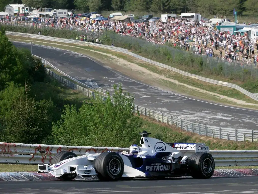 Nick Heidfeld drives a BMW-Sauber Formula 1 car on the Nordschleife